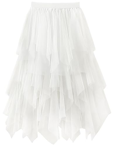 Reaowazo Tulle Skirts for Women Midi Long Fairy Skirt Tutu A-Line Mesh Layered High Elastic Waist Halloween Skirts White One Size
