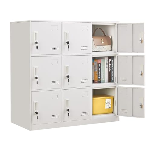 FURSTEL Student Locker Organizer, Multi-Door Steel Locker, Small Locking Cabinet Storage Organizer, Office File Cabinet, Home Locker, Gym Locker, Metal Storage Locker - Gray and White (9 Door, White)