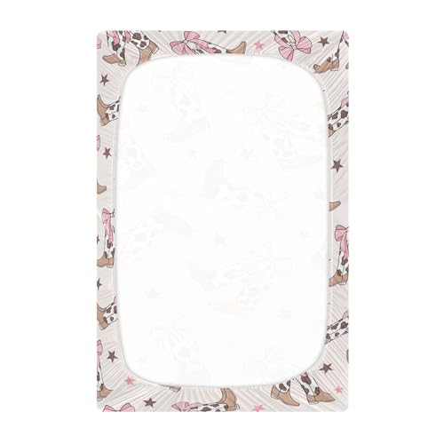 Image of Bows Cowgirl Boots Western Crib Sheets Soft Breathable Fitted Baby Crib Sheets Mattress Cover for Girl Boys, 52 inch x 28 inch x 9 inch