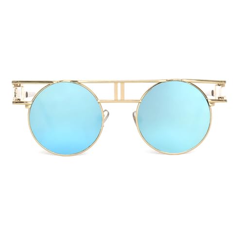 Lunettes de soleil rondes steampunk en alliage doré miroir bleu UV400