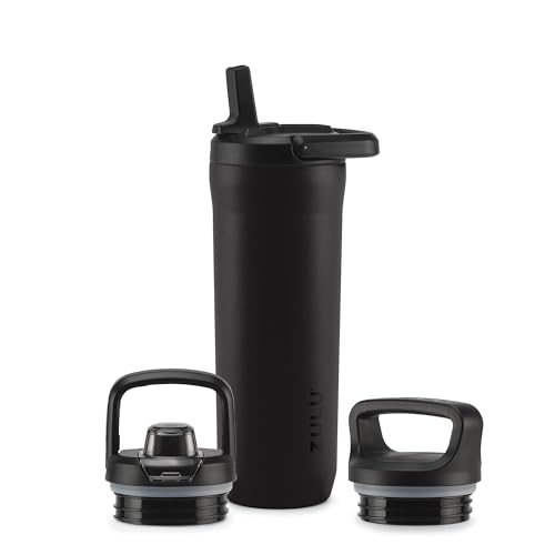 Image of ZULU Base 18oz Kids Stainless Steel Water Bottle with 3 Lids- Straw, Chug, Twist | Double Walled and Vacuum Insulated Metal Thermos | Fits Car Cupholder, Built in Carry Loop, Dishwasher Safe, Black