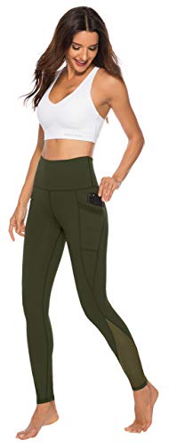 Calça legging feminina para ioga de cintura alta com bolsos laterais, controle de barriga para trein