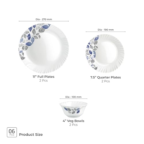 Image of Treo by Milton Opalware Aurelia Lunis Dinner Set of 6 | Serving for 2 | Microwave & Dishwasher Safe | Bone-Ash Free | Tempered Toughness | Plates & Bowls | Crockery Set for Dining & Gifting