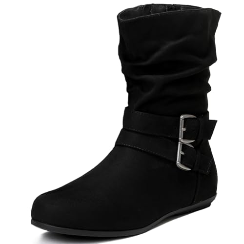 Luoika Women's Wide Width Ankle Boots, Flat Heel Short Boots Side Zipper Slouchy Winter Booties. Black 230711 8w