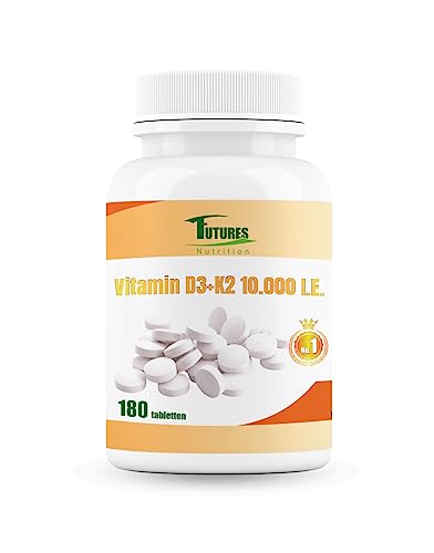 FUTURES NUTRITION 10000 I.E Vitamin D3 K2 Hochdosiert | Vegan | Beste Bioverfügbarkeit mit 99,7+% All-Trans Anteil | Nur 1 Tablette alle 10 Tage | Laborgeprüfte Reinheit | 180 Tabletten