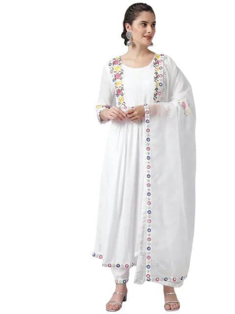 Patlani Women's Micro Malay Embroidered Straight Kurti Palazzo Pants Set With Dupatta.(Multi-White-M)