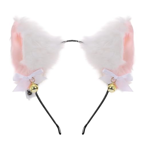 COSUCOS White Cat Ears Headband - Cute Long Fur Fox Ear Headwear with Bells Handmade Plush Furry Hairhoop for Anime Halloween Renaissance Carnival Cosplay Party Costume