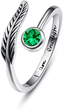 Birthstone Adjustable Open Feather Ring 925 Sterling Silver Birth Stone Ring Jewelry Gift Birthday Gift for Mom Women Wife Girls