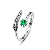 praymos Birthstone Adjustable Open Feather Ring 925 Sterling Silver Birth Stone Ring Jewelry Gift Birthday Gift for Mom Women Wife Girls (5-birthstone emerald ring)