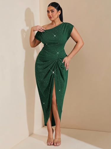 Image of Floerns Women's Plus Size Asymmetrical Neck Long Dress Ruched Slit Hem Cocktail Dress
