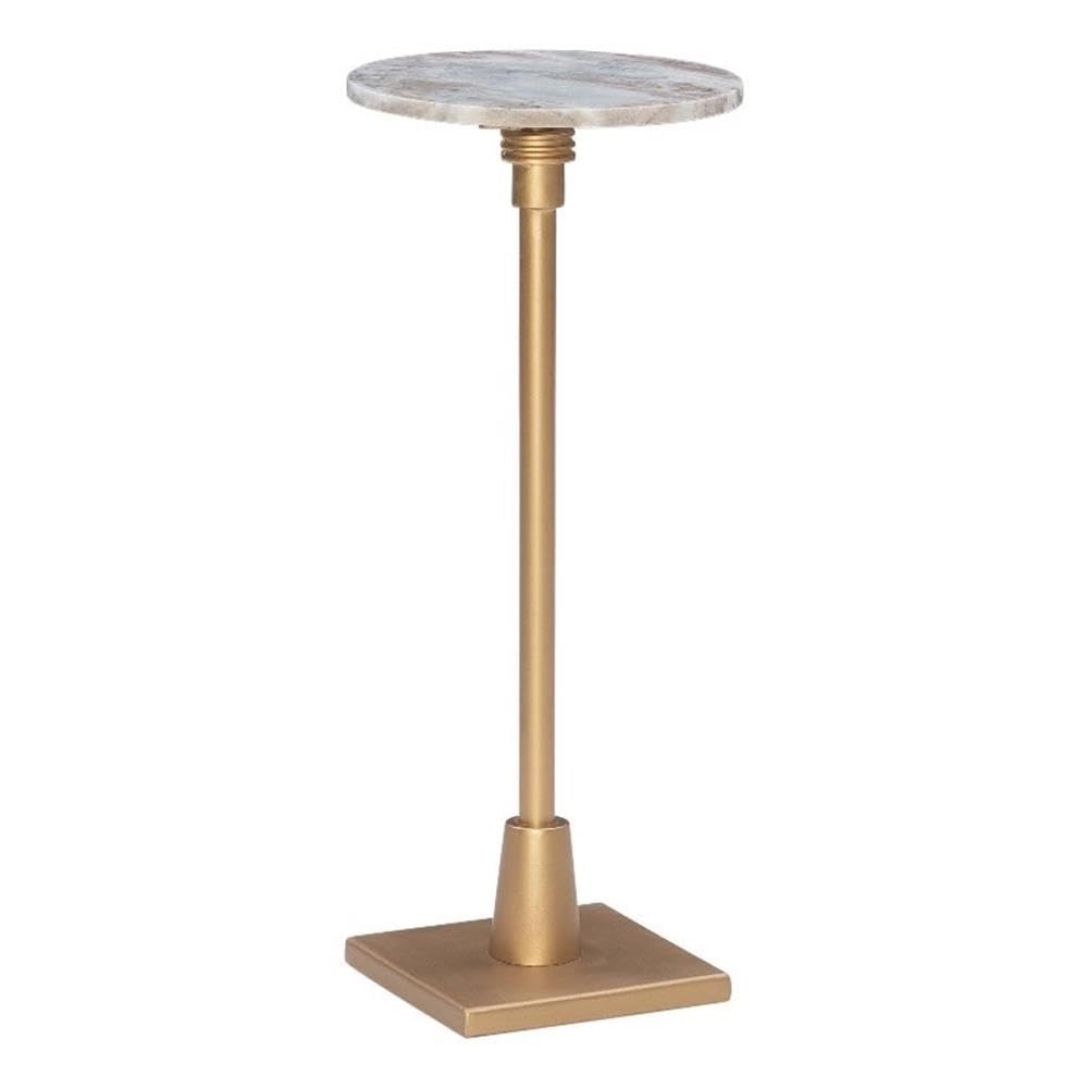 Linon Gavin 10.5" Round Adjustable Sandy Marble Drink Table in Gold Iron