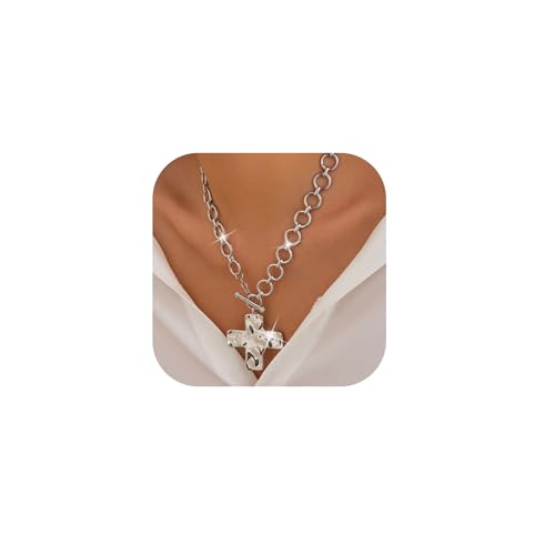 Chunky Cross Necklace for Women,Large Cross Pendant Necklace Statement Thick Chain Necklace Vintage Toggle Clasp Necklace Trendy Jewelry