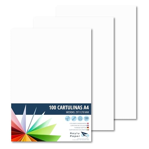 Raylu Paper® Cartulinas A4 100 unidades de color blanco, 180gr 210 x 297 mm, Ideal para encuadernación, trabajos de oficina, dibujo, manualidades. aptas para uso escolar. (Blanco)