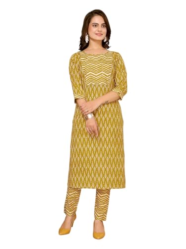 Image of rangita Mustard Cotton Embellished Straight Kurta with Pant | Kurta Set for Women