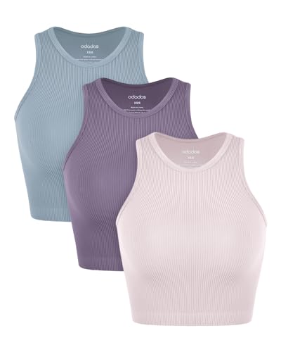Image of ODODOS 3-Pack Seamless Crop Tank for Women Ribbed Soft High Neck Cropped Tops