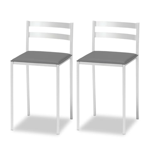 2 Taburetes de Cocina con Respaldo bajo, Franjas horizontales y Asiento tapizado - Estructura Color Blanco - Asiento en Polipiel Grafito