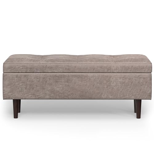 SIMPLIHOME Shay 48 inch Wide Mid Century Modern Rectangular Storage Ottoman in Distressed Grey Taupe Vegan Faux Leather, Assembled, for The Living Room, Entryway and Family Room