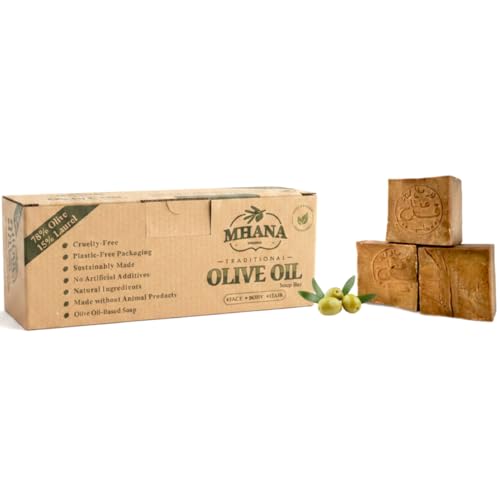 MHANA Authentic Aleppo Soap Bar 77% Olive Oil & 15% Laurel Oil Handmade Natural Soap for Sensitive Skin Eczema & Acne Face Body & Hair Vegan SLS-Free Paraben-Free (3 x 200g)