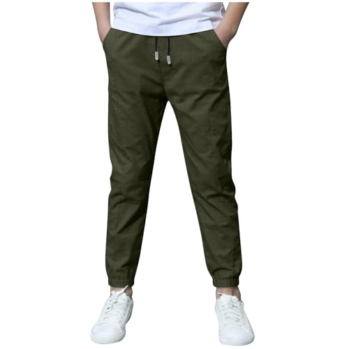 Pantalones de chándal para hombre, informales, de lino, con cordón, para niños, para el día a día, cintura elástica cómoda, ajuste holgado, trajes de primavera y verano, Verde militar., 5-6 años
