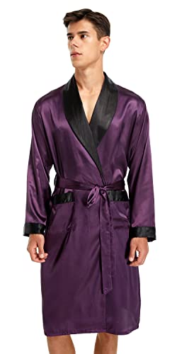 Image of TONY AND CANDICE Men's Satin Robe Lightweight Long Sleeve Silk Kimono Bathrobe with Shorts Set Sleepwear