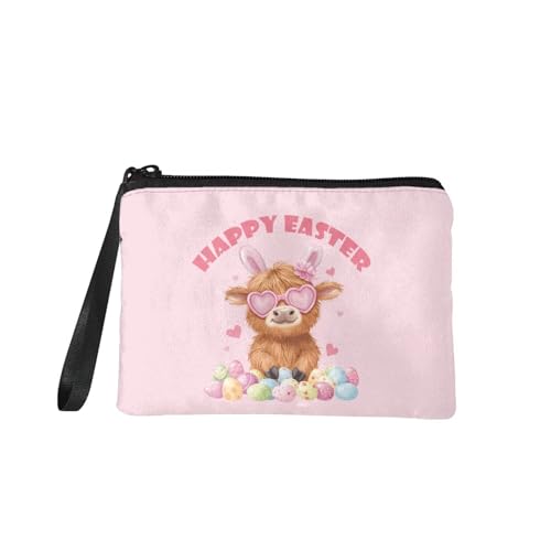 COEQINE Hignland Cow Coin Purse for Kids Girls Mini Coin Case With Handles Cute Easter Bags With Handles Pink Easter Eggs Soft Wallet Mini Card Holder Organizer
