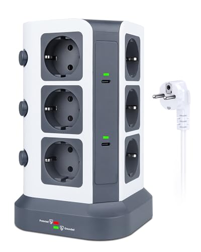 [15W USB C] KOOSLA Regleta Enchufes Proteccion sobretension 1500J (3680W/16A), Regleta Vertical con 12 enchufes y 5 USB Puertos (2USB C+3USB A), Cable 2 Metros, Gris Oscuro
