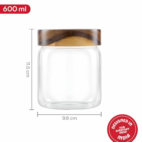 Image of Borosil Glass Jar with Acacia Wood Lid | Borosilicate Glass Storage Jar for Dry Fruits, Spices & Snacks | Airtight Glass Container for Kitchen & Pantry (Tallwood, 600 ml)