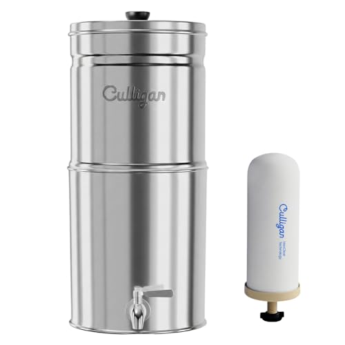 Image of Culligan MaxClear 2.25 Gallon Gravity Water Filter System, Polished Stainless-Steel Countertop Water Filter NSF /ANSI Certified to Reduce Microplastics, Lead & Total PFAS, with 1 Ceramic Filter