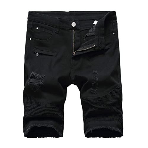 Short en denim imprimé homme Kelsiop aux patchs rétro et jeans stretch déchiré noir 3306