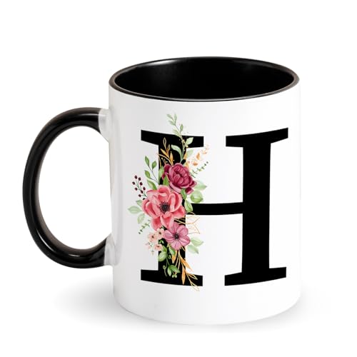 Tasse personnalisée en céramique avec initiale et fleurs - 350 ml - Cadeau original pour femme, collègue, amis pour anniversaire (H)