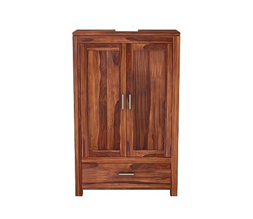 Image of Sheesham Wood Wooden 2 Door Wardrobe Organizer for Clothes | - Solid Wood Almirah with 1 Drawers, 3 Shelves - Cupboard for Large Bedroom (Design 10)