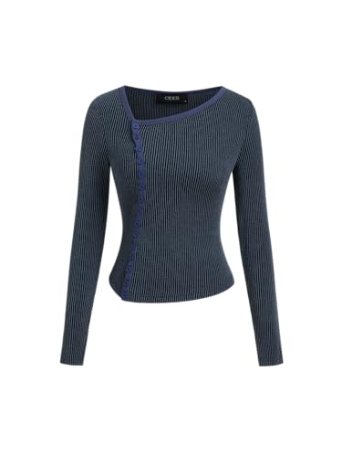 CIDER Womens Ribbed Knit Top Long Sleeve Asymmetrical Neckline Casual Blouse