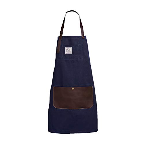 Aprons For Men And Women With Leather Pocket - Chef Kitchen Canvas Hairstylist Apron - Navy Blue