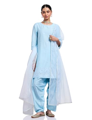 Image of Amazon Brand - Myx Women's Straight Embroidered Farsi Kurta Set with Organza Dupatta | Dhoti Pants (Available in Plus Sizes)