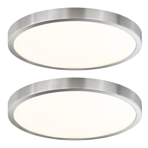 Image of 12 Inch Flush Mount LED Ceiling Light Fixture, Slim Dimmable Flush Mount Light for Kitchen, Metal and Glass Modern Ceiling Light for Low Ceiling, Bedroom, Laundry, Brushed Nickel, 22W, 3000K, 2 Pack
