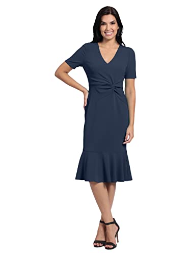 Image of London Times Women's V-Neck Dress - Flounce Hem, Twist Waist, Elegant Office & Event Wear