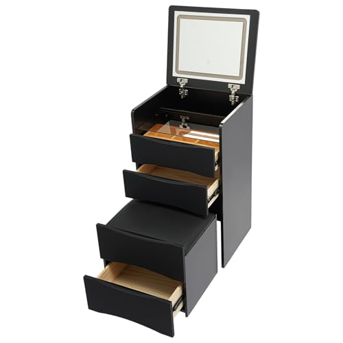 CHINEGER 3-in-1 Flip Top Vanity Desk Adjustable Lights Night Stand Vanity Combo Mirrord Black Bedside Dressing Table with 3 Drawers & 1 Stool for Bedroom & Cloakroom