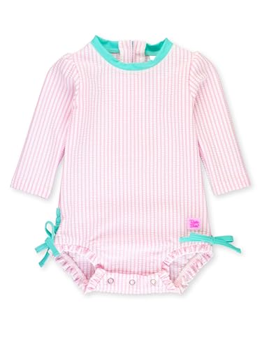 Image of RuffleButts Baby-Girls Seersucker Long Sleeve Rash Guard - One Piece Swimsuit UPF 50+ Toddler