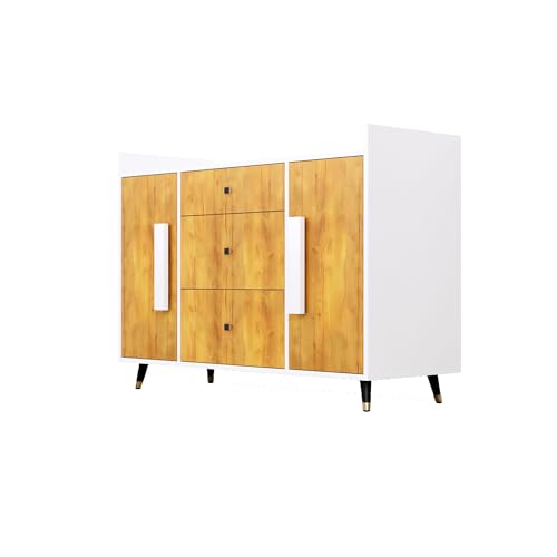 Image of Bniture Wooden Sideboard Cabinet for Living Room | Wooden Storage Cabinet with 2 Door & 3 Drawer | Engineered Wood Multipurpose Cabinet with Spacious Shelves for Home | Frosty White & Giant Wood