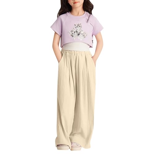 Kids Girls Baggy Straight Pants Elastic Waist Wide Leg Solid Color Relaxed Joggers Soft Sweatpants Casual Loose Trouser4