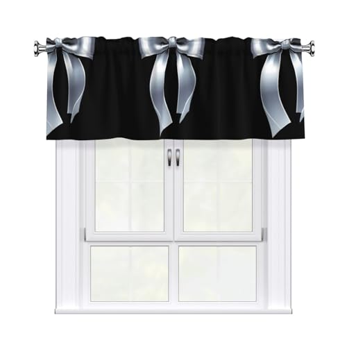 WHJDPP Cortina con estampado de lazo plateado con poste corto, 54 x 18 pulgadas para mejorar ventanas de cocina, baños, lavanderías y estudios