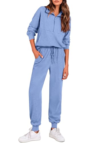 Image of PRETTYGARDEN Women 2 Piece Ribbed Knit Matching Lounge Sets | Comfy Sweat Track Suits, Athleisure Casual Outfit, Half Zip Sweatshirt & Jogger Pants, Fall Winter Clothes for Airport Travel