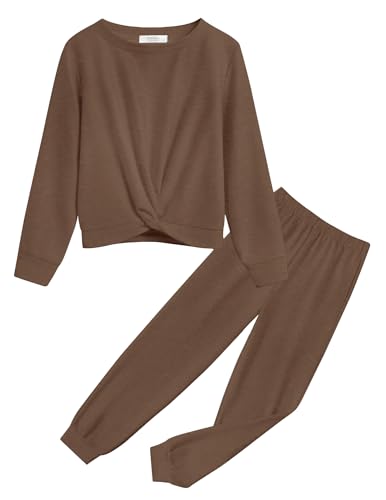 Image of Arshiner Girls 2 Piece Outfits Fashion Twist Front Tracksuit Long Sleeve Pullover Sweatshirt Sweatpants Jogger set Sweatsuit