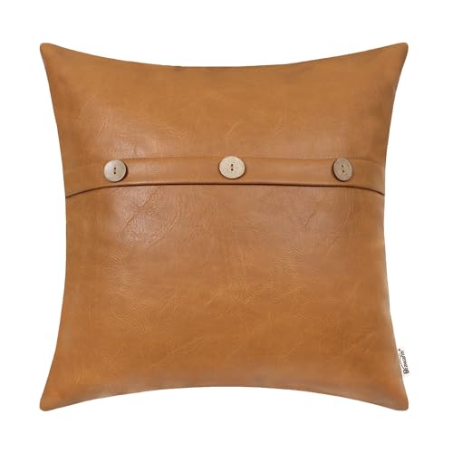 BRAWARM Faux Leather Throw Pillow Cover 22x22 Inch, Tan Triple Button