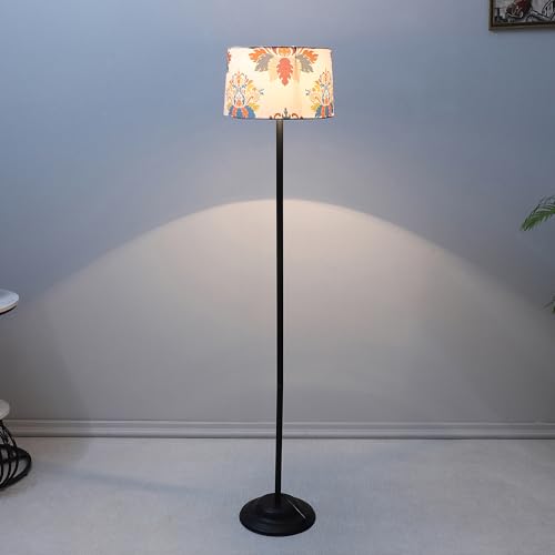 Image of tu casa Black Metal-Iron Base Foldable Floor Lamps with English Oak Print & Satin Shade for Bedroom, Living Room, Lounge, Office Area, Gifting Without Bulb for Home Decoration (Height - 53 inch)