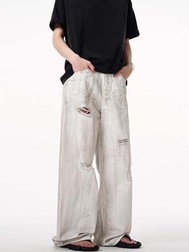 GUOYUXIAO Men's Jeans Summer Retro Distressed Denim Pants Straight-Leg Dropped-Crotch Wide-Leg Pants Trouser for Men3