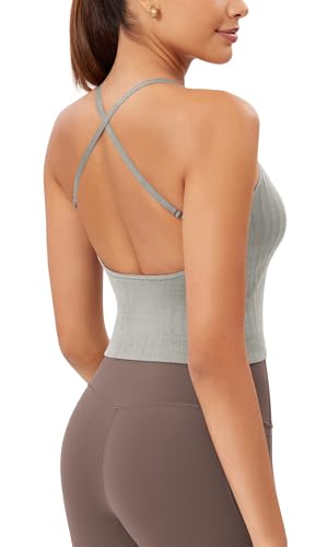 ODODOS Seamless Padded Sports Bra for Women Criss-Cross Back Longline Wirefree Brami Ribbed Crop Tank Tops