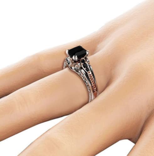 925 Sterling Silver Natural Gradient Square Zircon Ring Black Agate Black Square Diamond Princess Ring Engagement Ring Women's Size 6-103