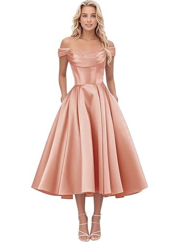length of cocktail dress ALFEICE Off Shoulder Satin Dresses Tea A Line Prom Pleated Formal Wedding Party Gown for Bride Peach 06 at Amazon Women's Clothing store size_10.5 Dresses | Organza Cherry Perfect for special events Size:dress size pants36