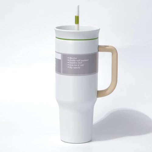 Image of HomeCloud 1200ml Insulated Coffee Tumbler with Lid - Double Wall Travel Mug for Hot & Cold Drinks, Leak-Proof, Durable, Portable, Stylish Stainless Steel Design (White with Brown Handle)